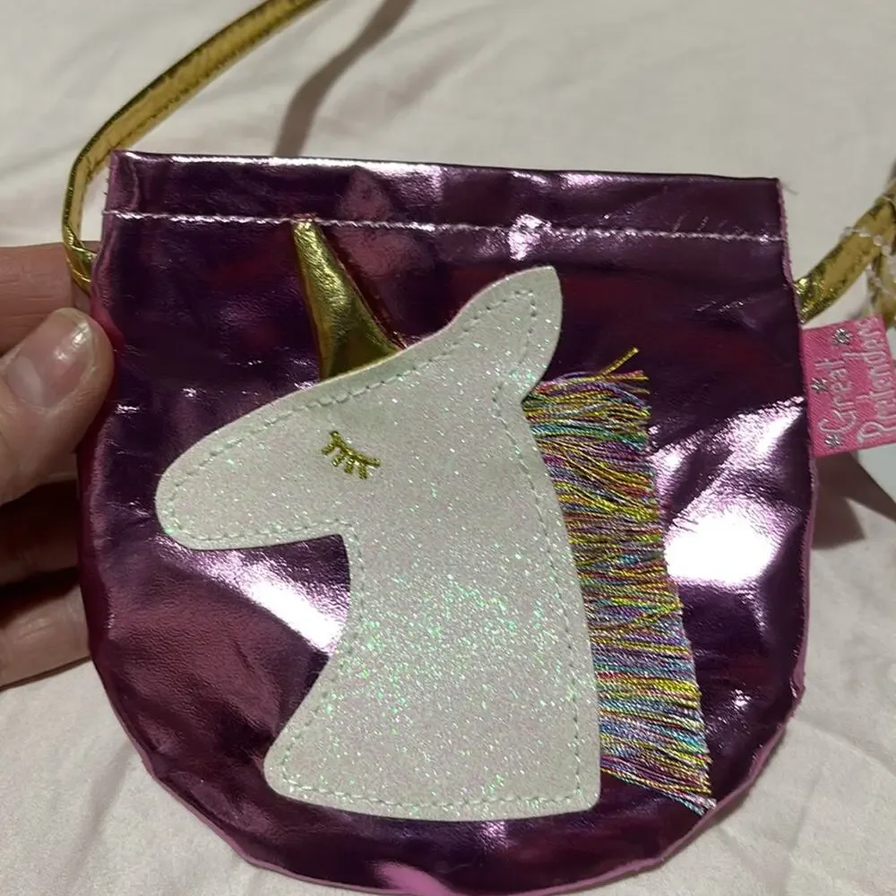 Grey Pretenders unicorn purse lilac shimmer gold strap nwt fringe for mane